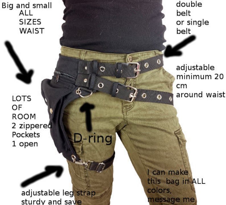 Utility belt with REMOVABLE leg strap on the thigh, and belt buckle plus sizes also, Festival belt, Holster bag, waist pockets, hip purse image 6