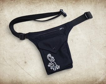 Gecko decorated handmade pocket belt * black hip bag click buckle * made in all sizes * festival fanny pack