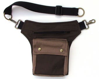 Brown hip bag with clasps, made of darkbrown and lightbrown canvas, a hip bag for cosplay Festivals, a pouch for Elves and fairy costumes