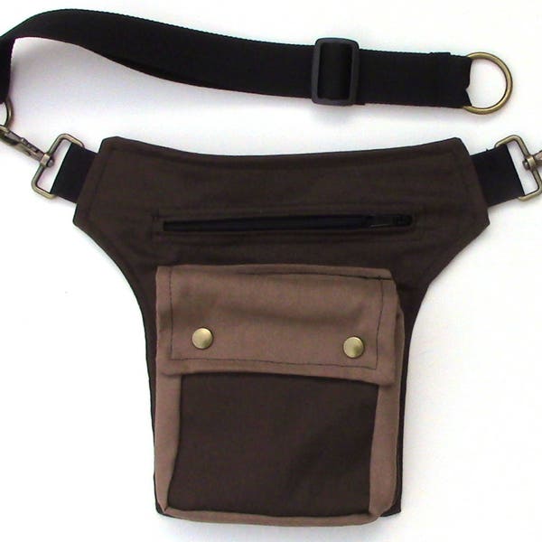 Brown hip bag with clasps, made of darkbrown and lightbrown canvas, a hip bag for cosplay Festivals, a pouch for Elves and fairy costumes