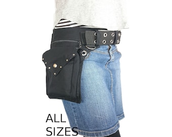 Utility belt, black organic cotton, also plus size, metal buckle * Festival hip bag, studded warrior waist pack burning man steampunk