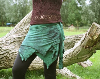 Green pixie wrap skirt, also for plus size pixies, tie dye skirt, fairy wrap miniskirt, gypsy, bohemian, Psytrance batik festival clothing