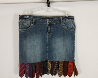 Recycled skirt, upcycled jeans skirt with leftover pieces of neckties, size Large, DE 42, US 12