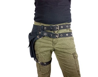 Utility belt with REMOVABLE leg strap on the thigh, and belt buckle * plus sizes also, Festival belt, Holster bag, waist pockets, hip purse