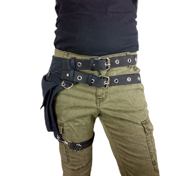 Utility belt with REMOVABLE leg strap on the thigh, and belt buckle * plus sizes also, Festival belt, Holster bag, waist pockets, hip purse