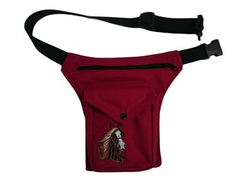 Horse hip bag with click buckle, red canvas children adventure bag, kids Fanny Pack, teens bumbag, girls waist pockets