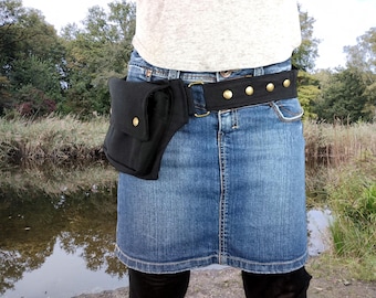 Waist pocket with snaps, Snap fasteners hip bag, Black fabric bumbag, Festival belt with press buttons