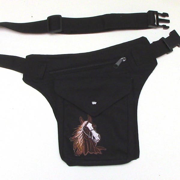 Horse patch hip bag with click buckle, red or black canvas children adventure bag, kids Fanny Pack, teens bumbag, girls waist pockets