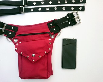 Red fabric utility belt, also for plus sizes, with metal buckle * Festival hip bag, square studded warrior waist pack burning man steampunk