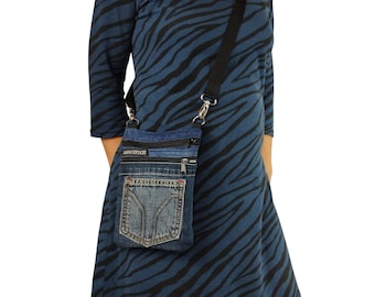 Small shoulder bag, made of recycled jeans and a necktie piece, to carry phone