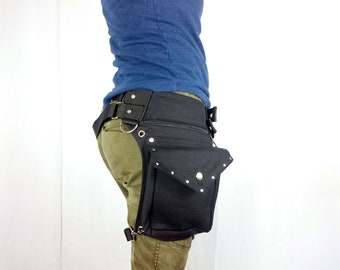 Utility belt with REMOVABLE leg strap on the thigh, and TRIANGULAR flap with rivets * plus sizes also, Festival belt, waist pockets leg