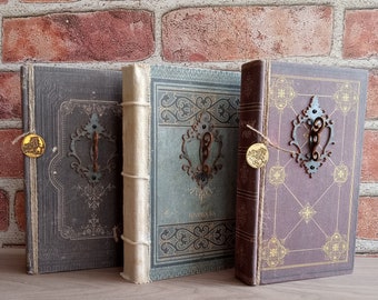 May include: Three vintage-style hardcover books with ornate designs and metal accents. The books are brown, gray, and blue with gold accents. Each book has a metal clasp with a keyhole design.