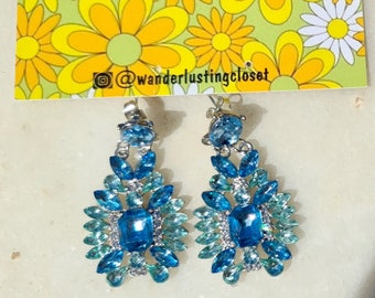 silver plate and blue gemstone drop earrings recycled rhinestones blue chandelier