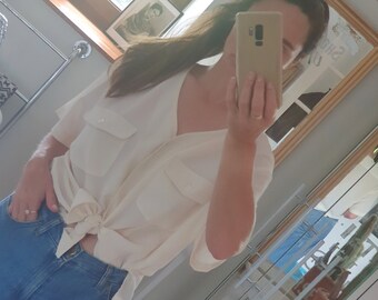 vintage 80's Windsmoor blouse shirt crepe pockets classic ivory