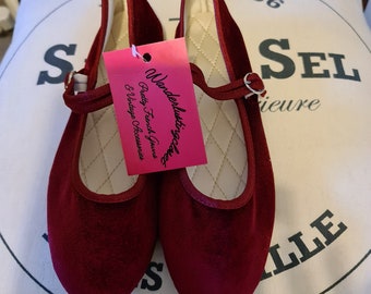 Roter Samt Mary Jane Schuhe Wohnungen Ballerina