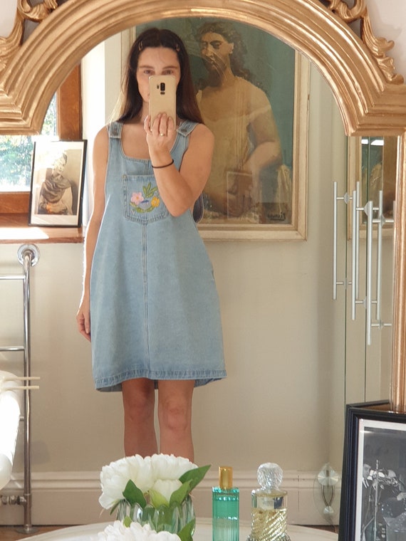denim vintage 80's dungaree dress smock utility sm