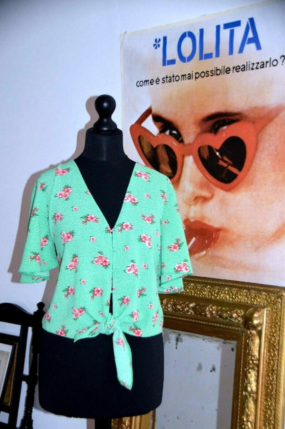 Crop blouse vintage 80's green floral doen rouje p