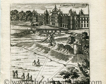 1702 Manesson Mallet Antique Print, Engraving - Chambort, Château de Chambord, Windmill, Loir-et-Cher, France - No.86