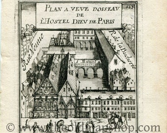 1702 Manesson Mallet Antique Print, Map, Engraving - Hôtel-Dieu de Paris, Hospital, France - No.56