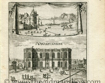 1702 Manesson Mallet Antique Print, Engraving - Observatoire de Paris, Observatory, France, Surveyors, Surveying Graphometer - No.28