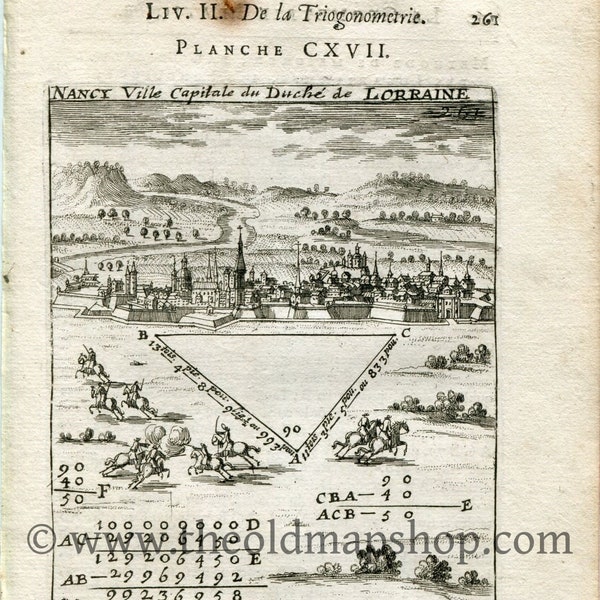 Rare 1702 Manesson Mallet Antique Map, Print, Engraving - Perspective, Bird's-eye View, Nancy, Meurthe-et-Moselle, France - No.117