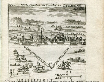 Rare 1702 Manesson Mallet Antique Map, Print, Engraving - Perspective, Bird's-eye View, Nancy, Meurthe-et-Moselle, France - No.117