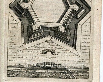 Fort Rebus, Belgium, Fortifications, Antique Print, Map, 1672 Manesson Mallet "Les Travaux De Mars" Engraving, Bird's-eye Perspective View