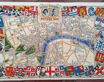Rare Royal Wedding 1947 Daily Telegraph Picture Map of London, Queen Elizabeth II & Prince Phillip, Pictorial Route Map Poster