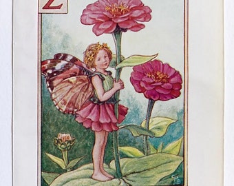 Zinnia Flower Fairy, Vintage Print c.1940 Cicely Mary Barker, Alphabet Letter Z, Book Plate, Nursery Decor, Wall Art