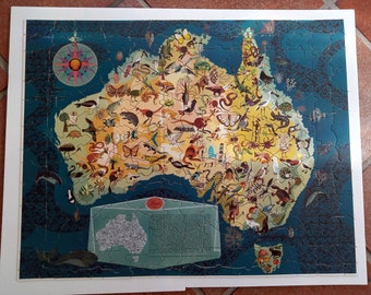 Rare c.1950 George Santos Australia Pictorial Map, Fauna, Animals, Jigsaw Puzzle