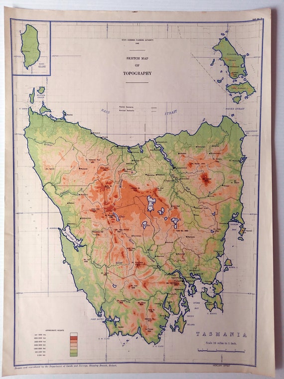 Tasmania Topographic Maps Free 1945 Tasmania Australia Sketch Map Of Topography | Etsy Australia