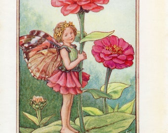 Zinnia Flower Fairy Vintage Print c.1940 Cicely Mary Barker, Alphabet Letter Z, Book Plate, Nursery Decor, Wall Art, Decoration.