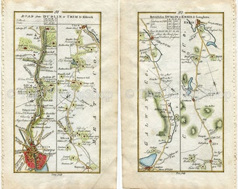 1778 Taylor & Skinner Antique Ireland Road Map 91/92 Dublin Lucan Leixlip Maynooth Kilcock Summerhill Trim Loughrea Tubber Crusheen Ennis