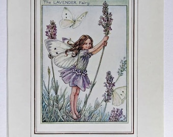 Lavender Flower Fairy Vintage Print 1950's Cicely Mary Barker, Garden Fairy, Book Plate, Nursery Decor, Wall Art, Decoration.