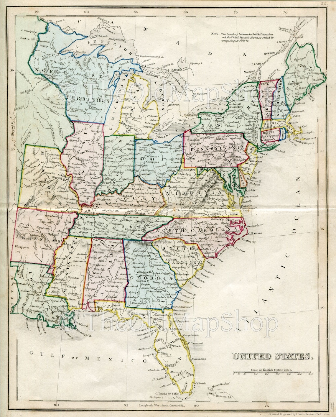 C.1840 United States America Antique Map Print by John