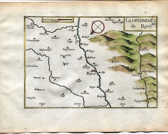 1634 Nicolas Tassin Map Rethel, Attigny, Barby, Ardennes, Champagne Ardenne, France Antique