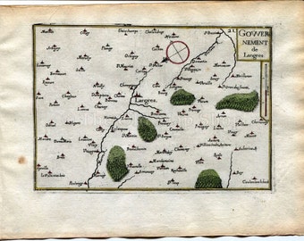 1634 Nicolas Tassin Map Langres, Rolampont, Chalindrey, Haute Marne, Champagne Ardenne, France Antique