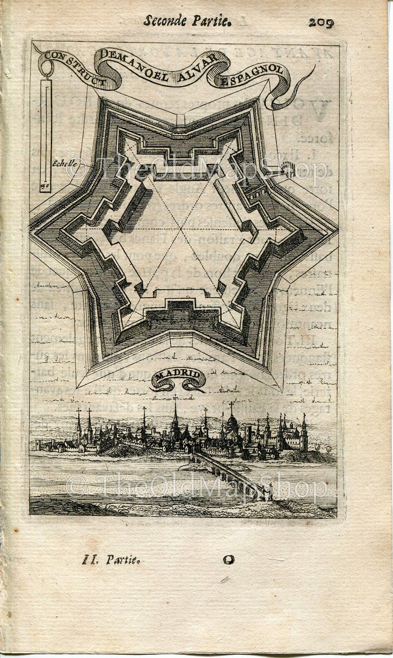 Bird/'s-eye Perspective View Spain Madrid 1672 Manesson Mallet Les Travaux De Mars Engraving Map Antique Print