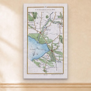 May include: A rectangular vintage-style map print titled 'COLERAIN by Antrim' featuring a detailed cartographic illustration of the region. The map displays Lough Neagh in blue, green forested areas, and brown roads, all enclosed within a thin gold border.