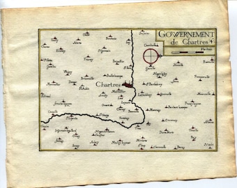 1634 Nicolas Tassin Map Chartres, Le Coudray, Morancez, Thivars, Saint Prest, Eure et Loir, Centre, France Antique