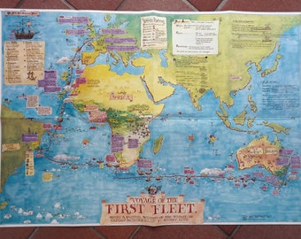 Rare 1983 Voyage of The First Fleet Australia, Pictorial World Map Roland Harvey