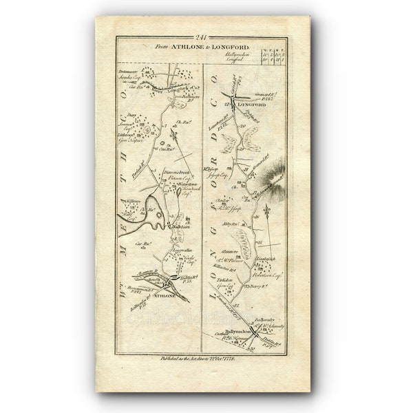 1778 Taylor & Skinner Antique Ireland Road Map 241/242 Athlone Ballykeeran Killinure Ballymahon Longford Roscommon Killashee Lanesborough