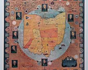 1939 Ohio, Buckeye State, Mother of Presidents Pictorial Map Poster Arthur Suchy