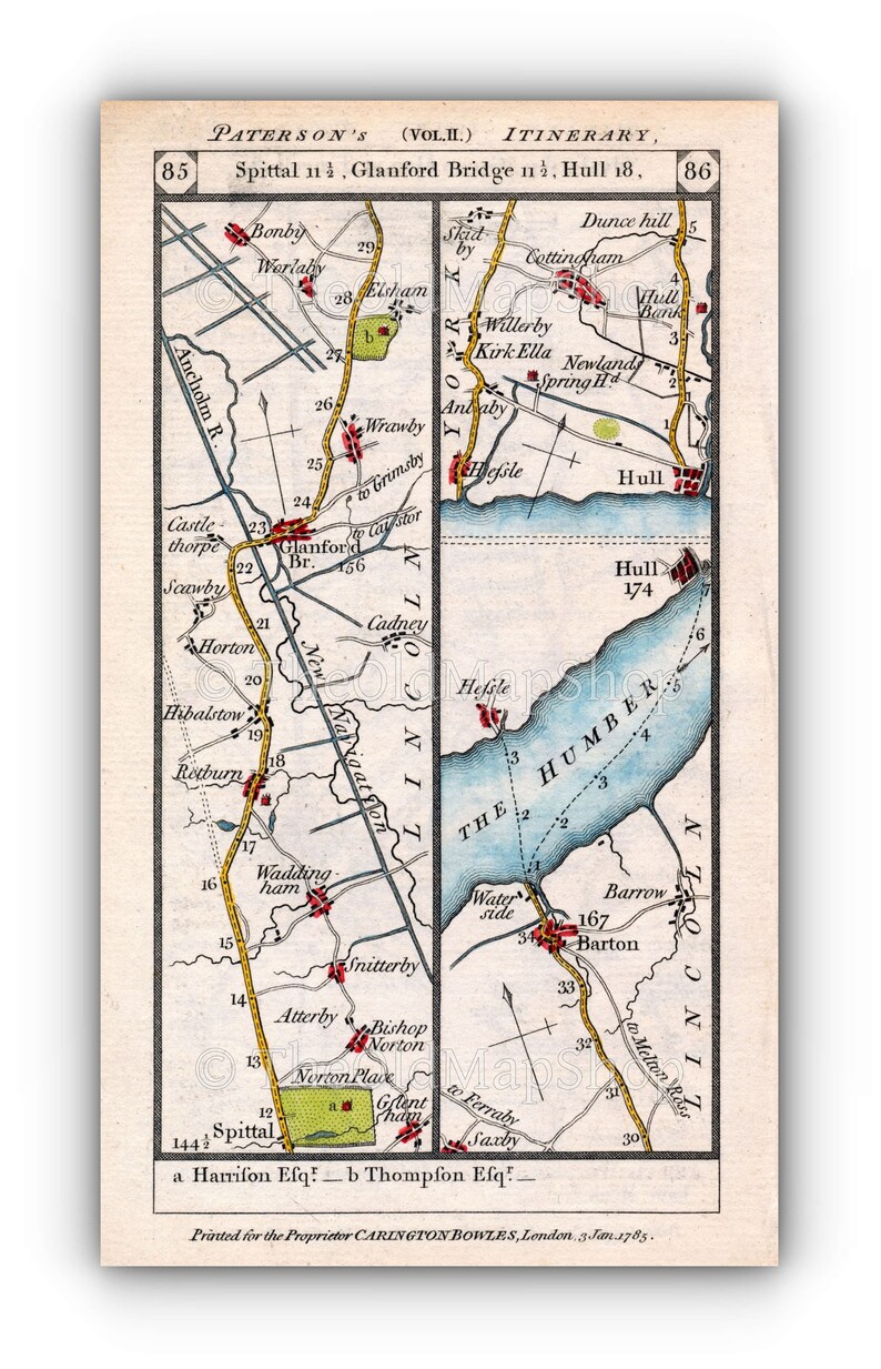 Antique Road Map Paterson 1785 Hull Hessle Etsy