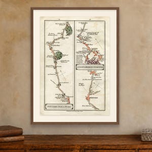 May include: A framed antique map print featuring two vertical panels detailing routes between Potters Bar, Ware, London, and Bishops Stortford. The map uses black ink lines, red route highlights, and green shaded areas on a cream-colored paper background.