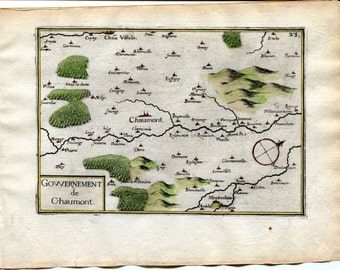 1634 Nicolas Tassin Map Chaumont, Bologne, Chateauvillain, Haute Marne, Champagne Ardenne, France Antique