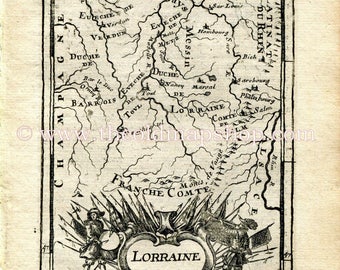 1683 Manesson Mallet Map "Lorraine" France, Toul, Nancy, Metz, Strasbourg, Phalsbourg, Verdun, Neufchâteau, Antique Print Engraving