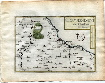 1634 Nicolas Tassin Map Chalon sur Saone, Chagny, Sevrey, Saone et Loire, Burgundy, France Antique