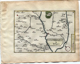 1634 Nicolas Tassin Map Bellegarde (Seurre), Saint Aubin, Cote d'Or, Burgundy, France Antique