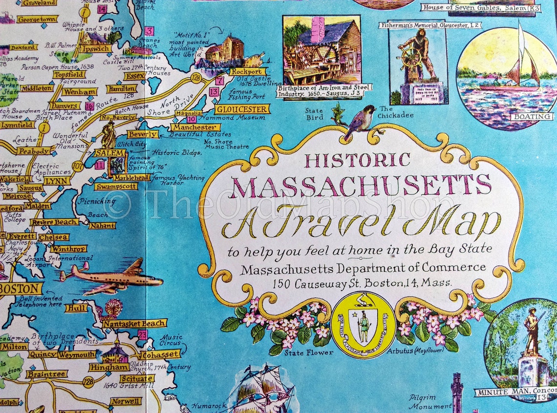 1964 Historic Massachusetts A Travel Map by Ernest Dudley Etsy
